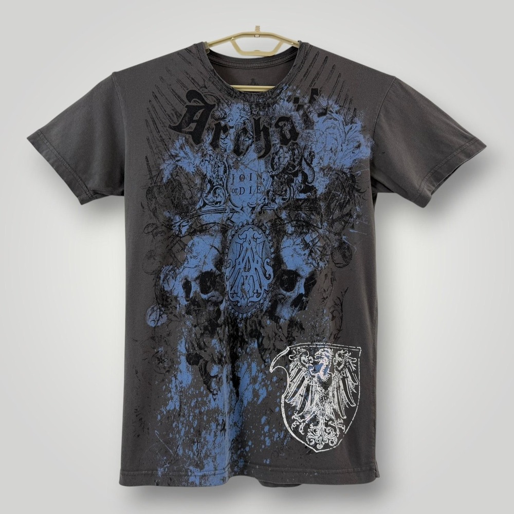 Archaic Skull Graphic T Shirt Mens M Gray Gothic Tattoo Join Or Die Tee